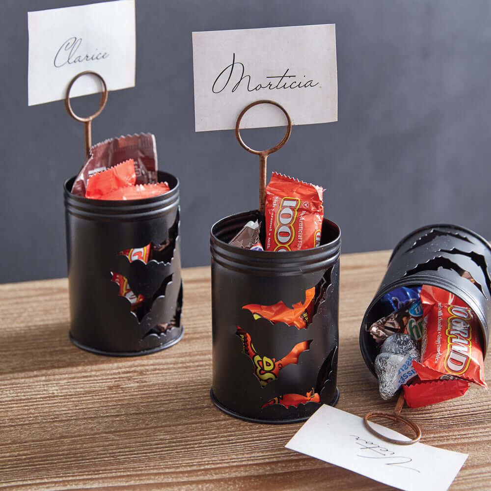 Halloween Bats Metal Luminary Place Card Holders with candy, featuring vintage-inspired matte black finish and whimsical bat cutouts.