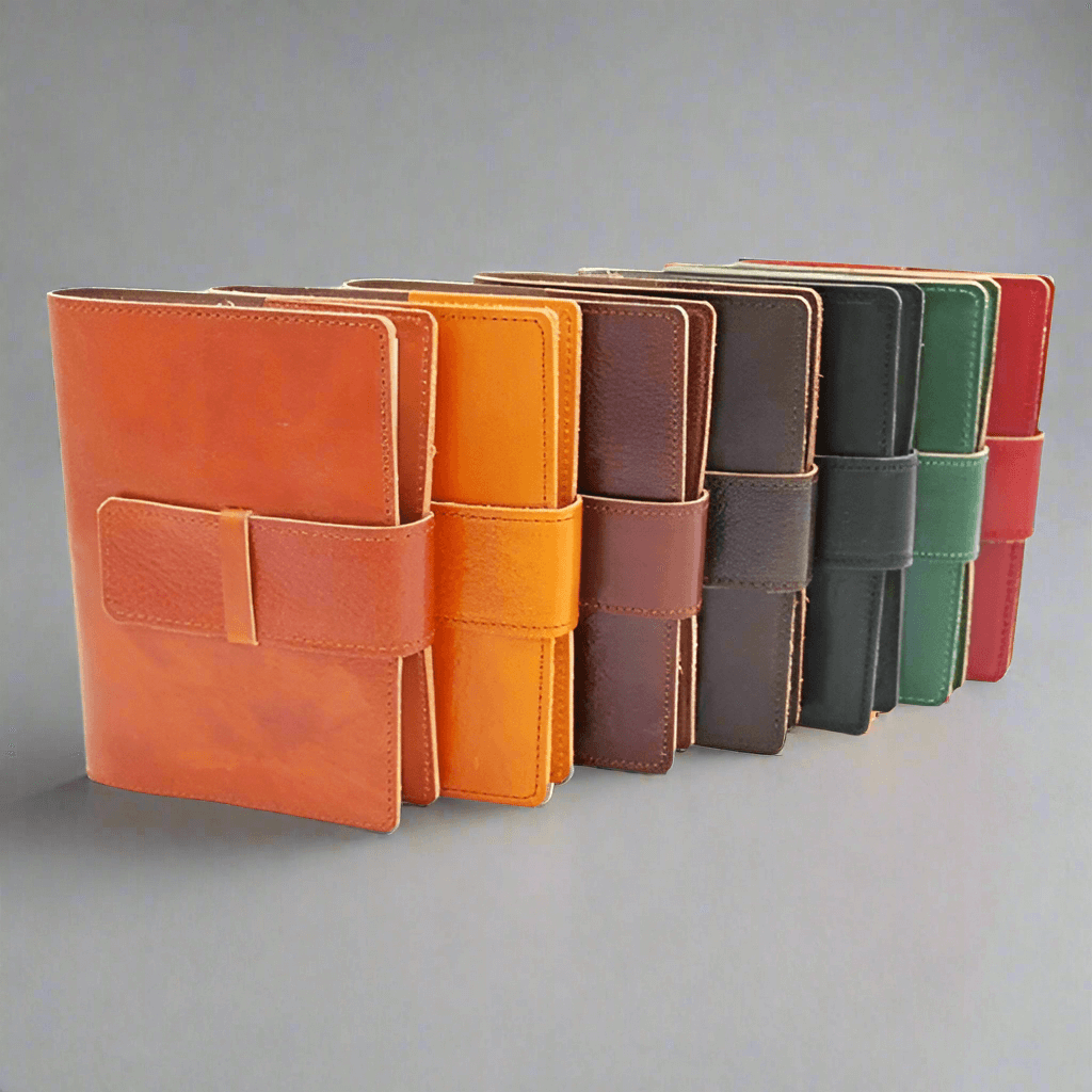 Handcrafted Italian Calfskin Leather Journal in various colors displayed in a row, showcasing high-quality craftsmanship.