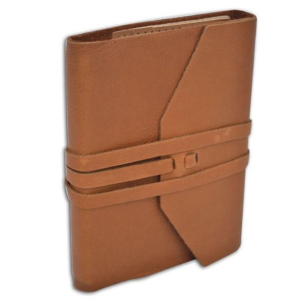 Handcrafted Italian Leather Wrap Journal with brown cover and elegant wrap closure, showcasing timeless Italian craftsmanship.