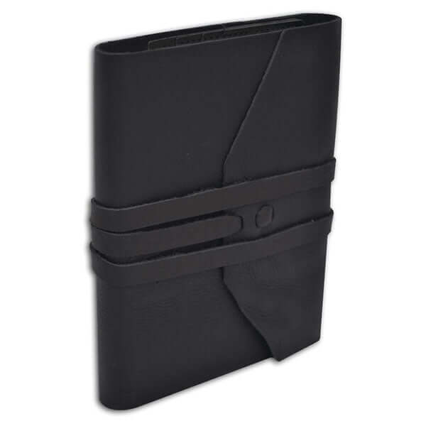 Handcrafted Italian Leather Wrap Journal in black leather with wrap closure, designed for elegance and timeless writing.