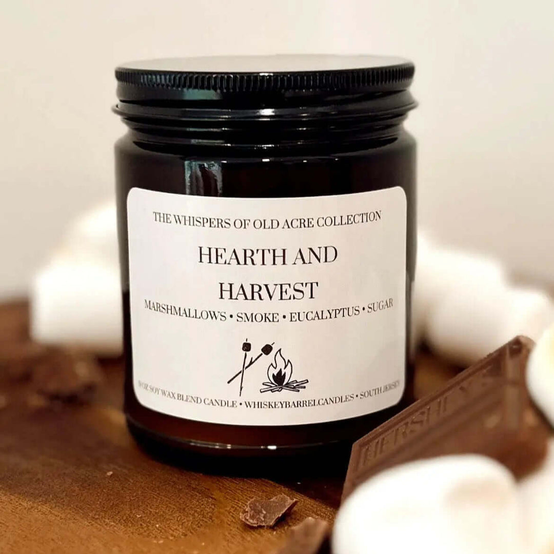 Hearth and Harvest Scented Candle: Marshmallow, Smoke & Eucalyptus, aromatherapy candle with cozy autumn fragrance and natural ingredients.