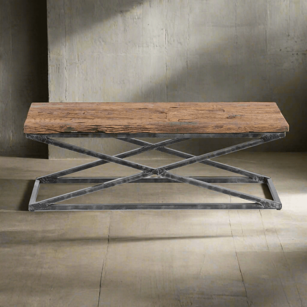 Industrial Railway Wood and Iron Coffee Table with vintage reclaimed timber top and iron base, evoking timeless industrial charm.