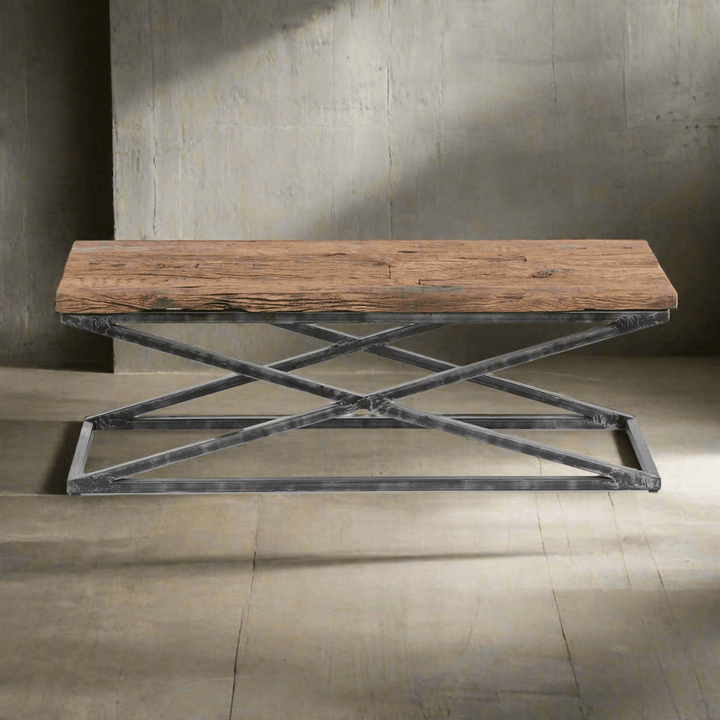 Industrial Railway Wood and Iron Coffee Table with vintage reclaimed timber top and iron base, evoking timeless industrial charm.
