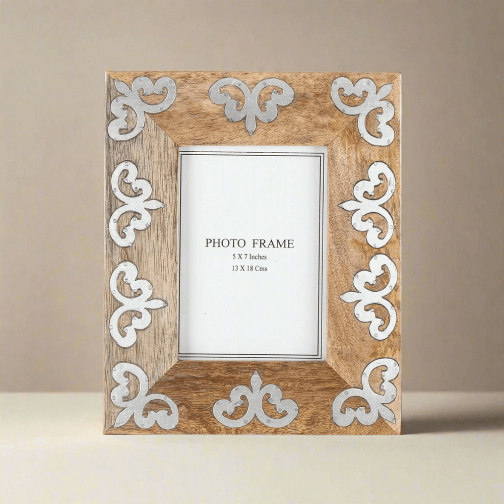 Mango Wood Photo Frame with Metal Inlay (5x7 Display) showcasing elegant rustic charm and timeless craftsmanship.