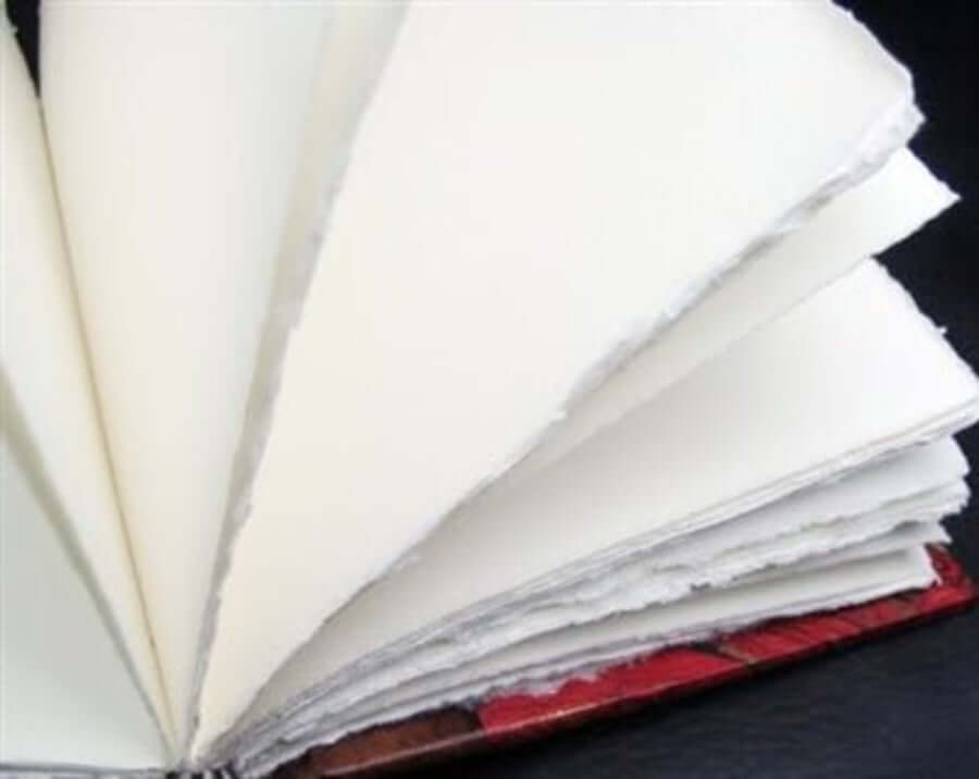 Open pages of Medieval Leather Journals with Amalfi Paper showcasing fine craftsmanship and quality bookbinding.