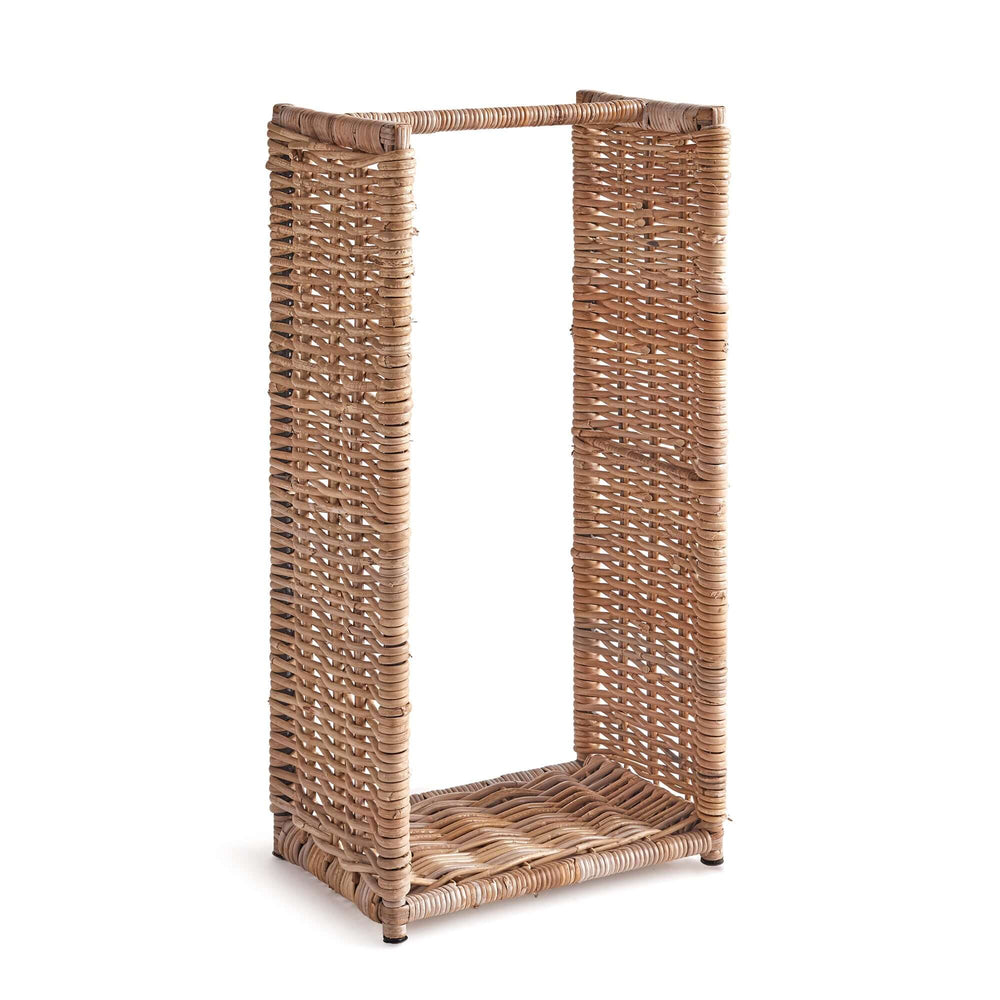 Natural wicker log basket for indoor fireplace storage, showcasing rustic charm and durable design.