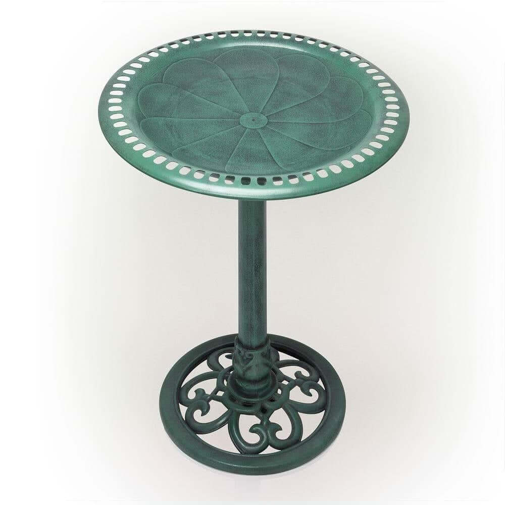 Antique Green Bronze Bird Bath with Pedestal Base featuring scalloped bowl and classic design for garden decor.