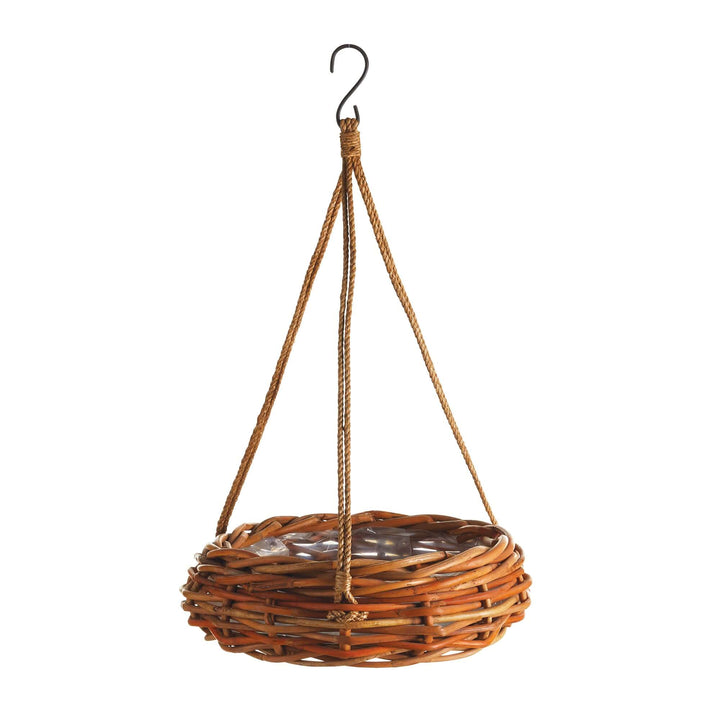 Large rattan hanging basket with rustic metal hook, ideal for geraniums and ferns, 24" in diameter.
