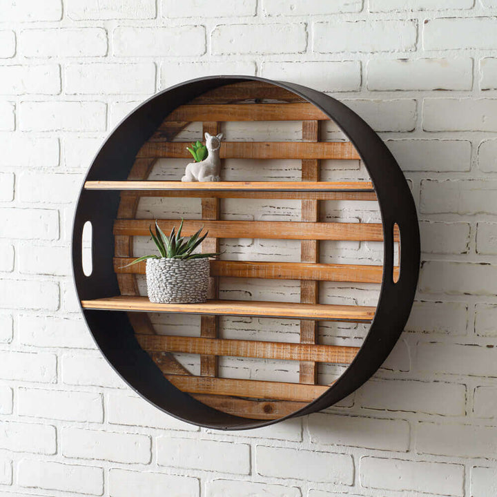 Round wood and metal wall display shelves with rustic charm and industrial style, perfect for vintage or modern interiors.