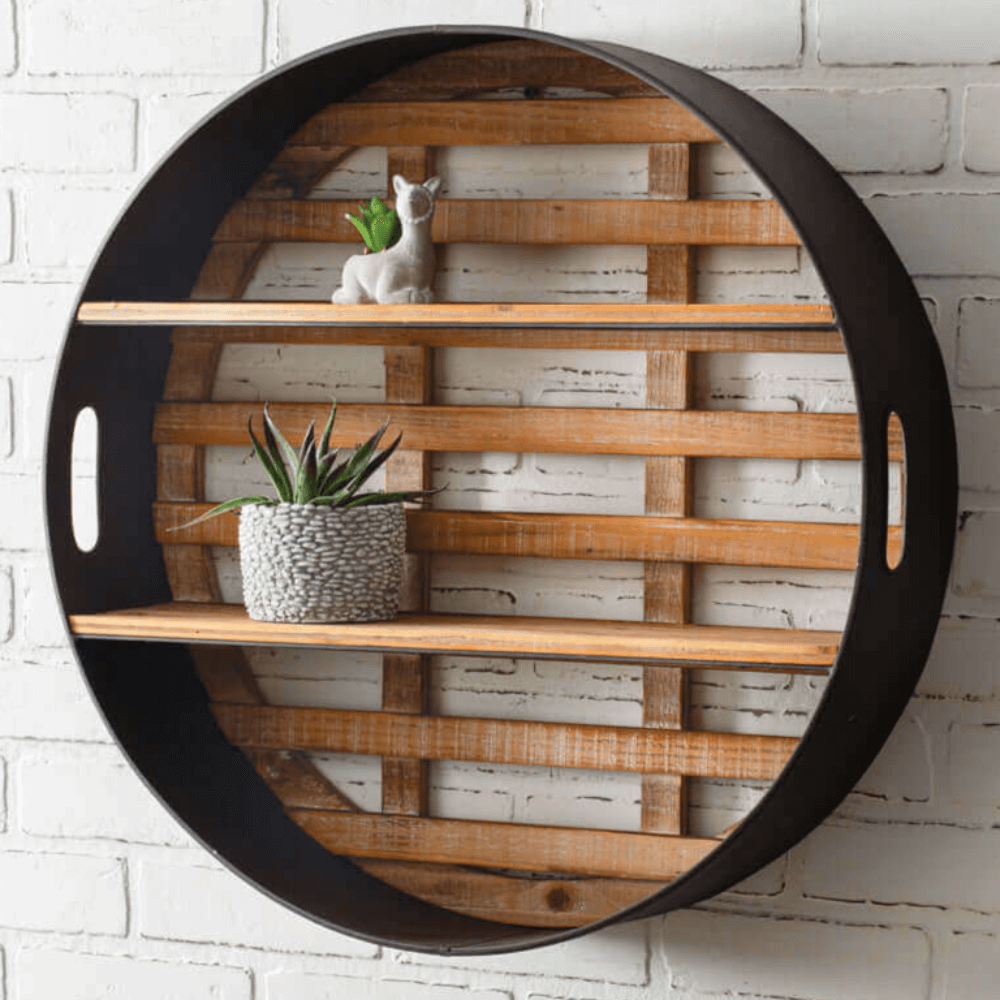 Round wood and metal wall display shelf with plants, featuring industrial frame and natural wood slats, ideal for vintage decor.
