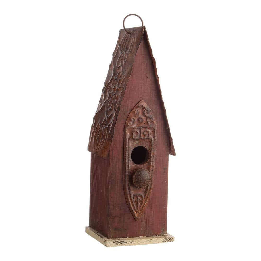Rustic Brown Wooden Birdhouse with Iron Roof showcasing vintage garden charm.