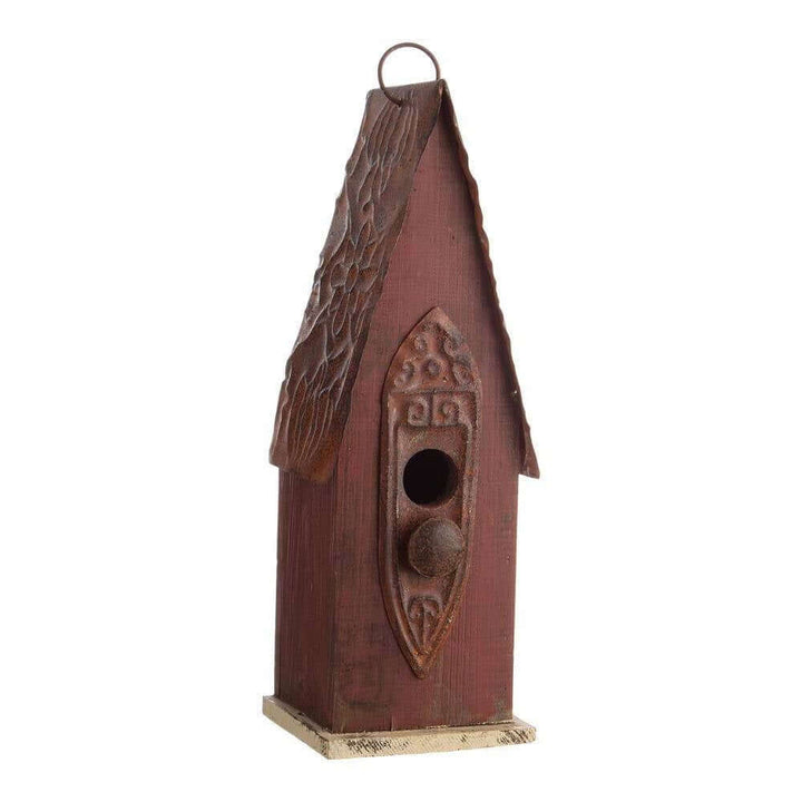 Rustic Brown Wooden Birdhouse with Iron Roof showcasing vintage garden charm.