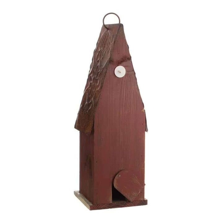 Rustic Brown Wooden Birdhouse with Iron Roof, perfect for gardens and bird-watching enthusiasts.