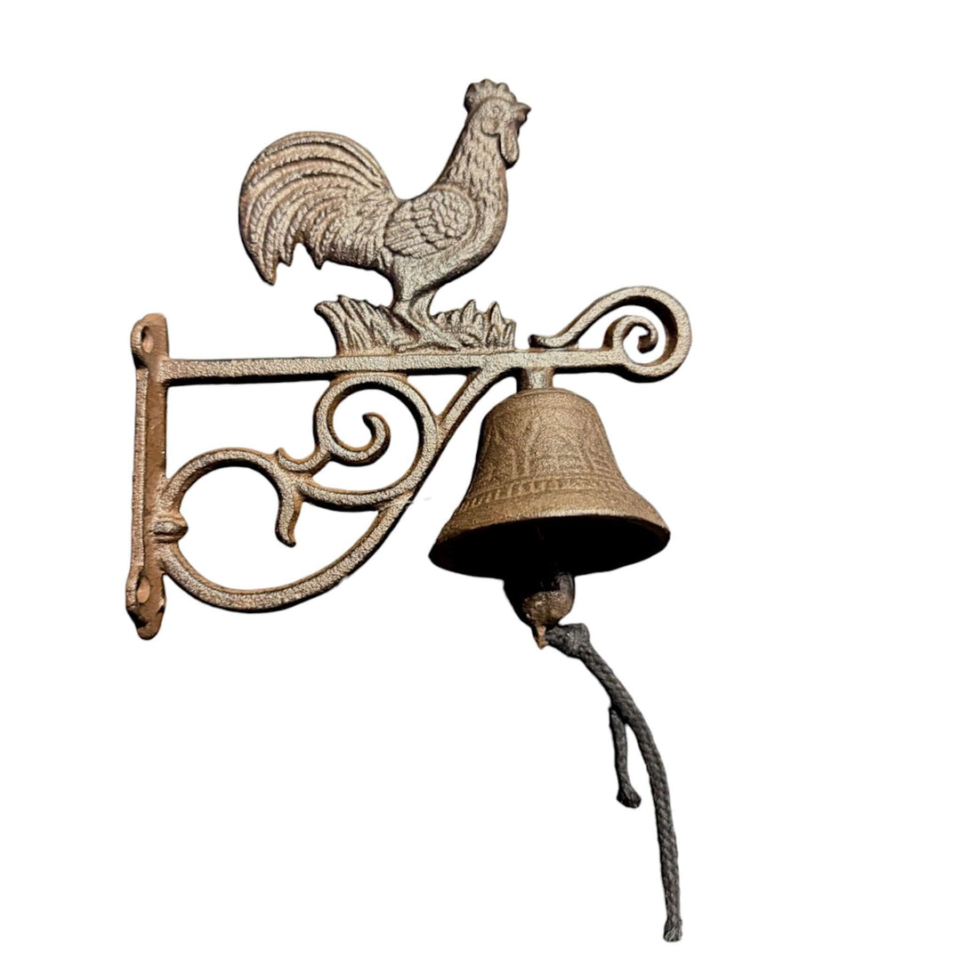 Rustic Cast Iron Farmhouse Rooster Wall Bell with detailed rooster above vintage bell