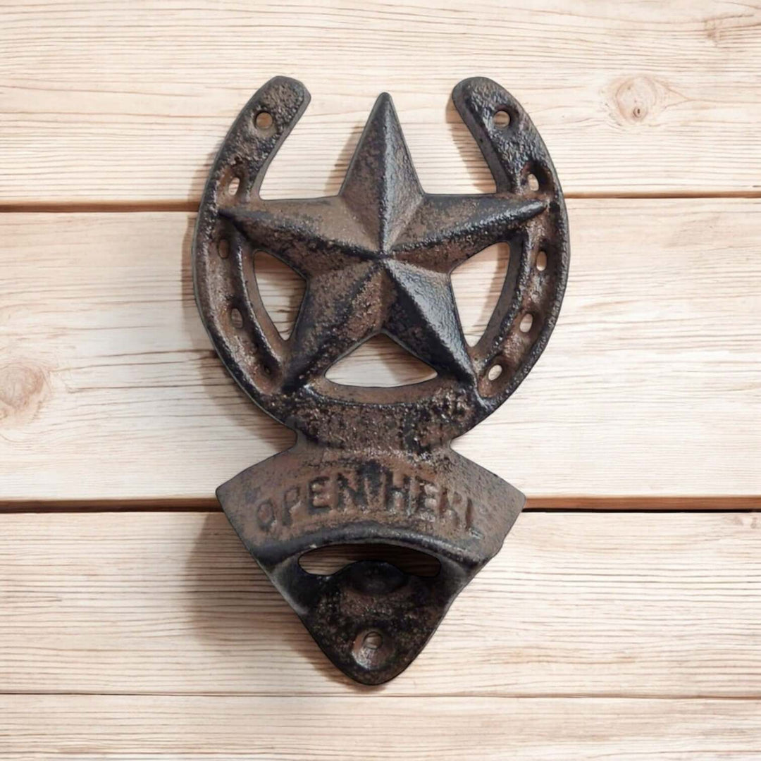 Rustic Cast Iron Horseshoe Star Bottle Opener mounted on wood background