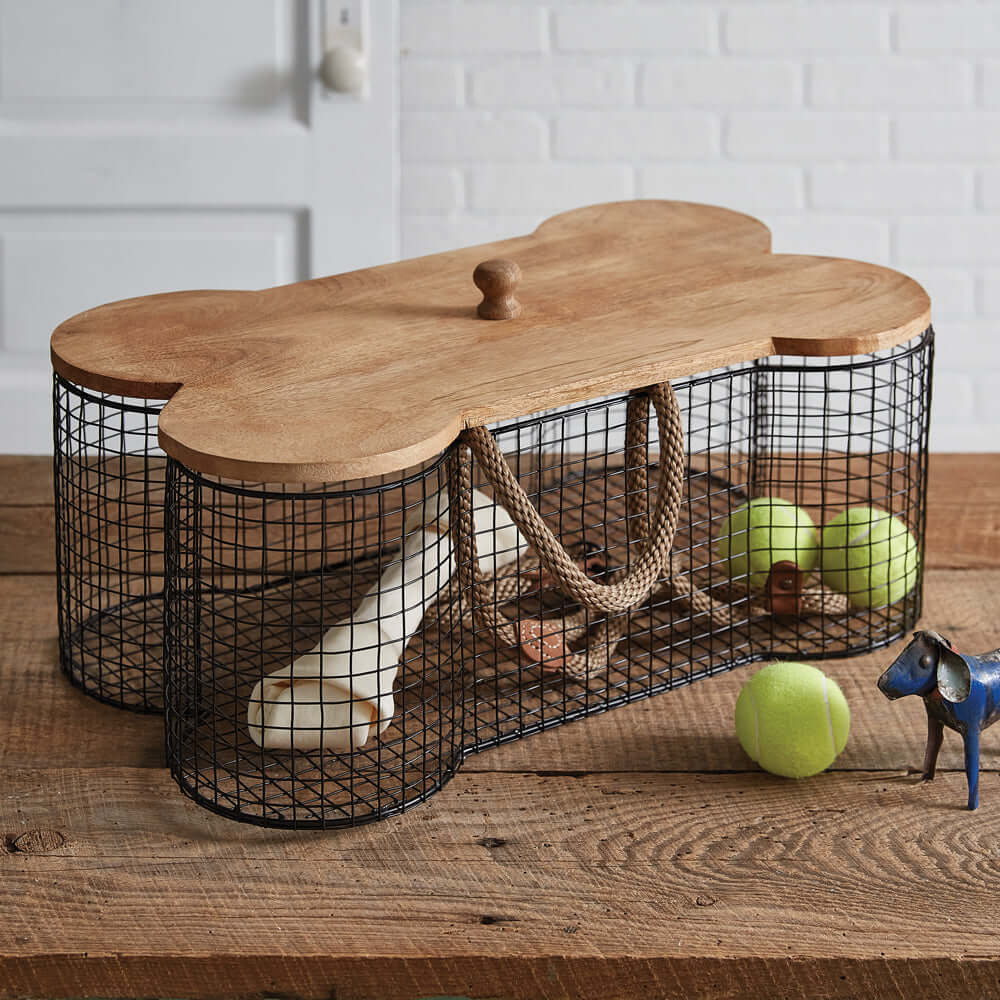 Rustic Dog Bone Toy Storage Basket with metal wire and mango wood design, ideal for organizing pet toys in a charming farmhouse style.