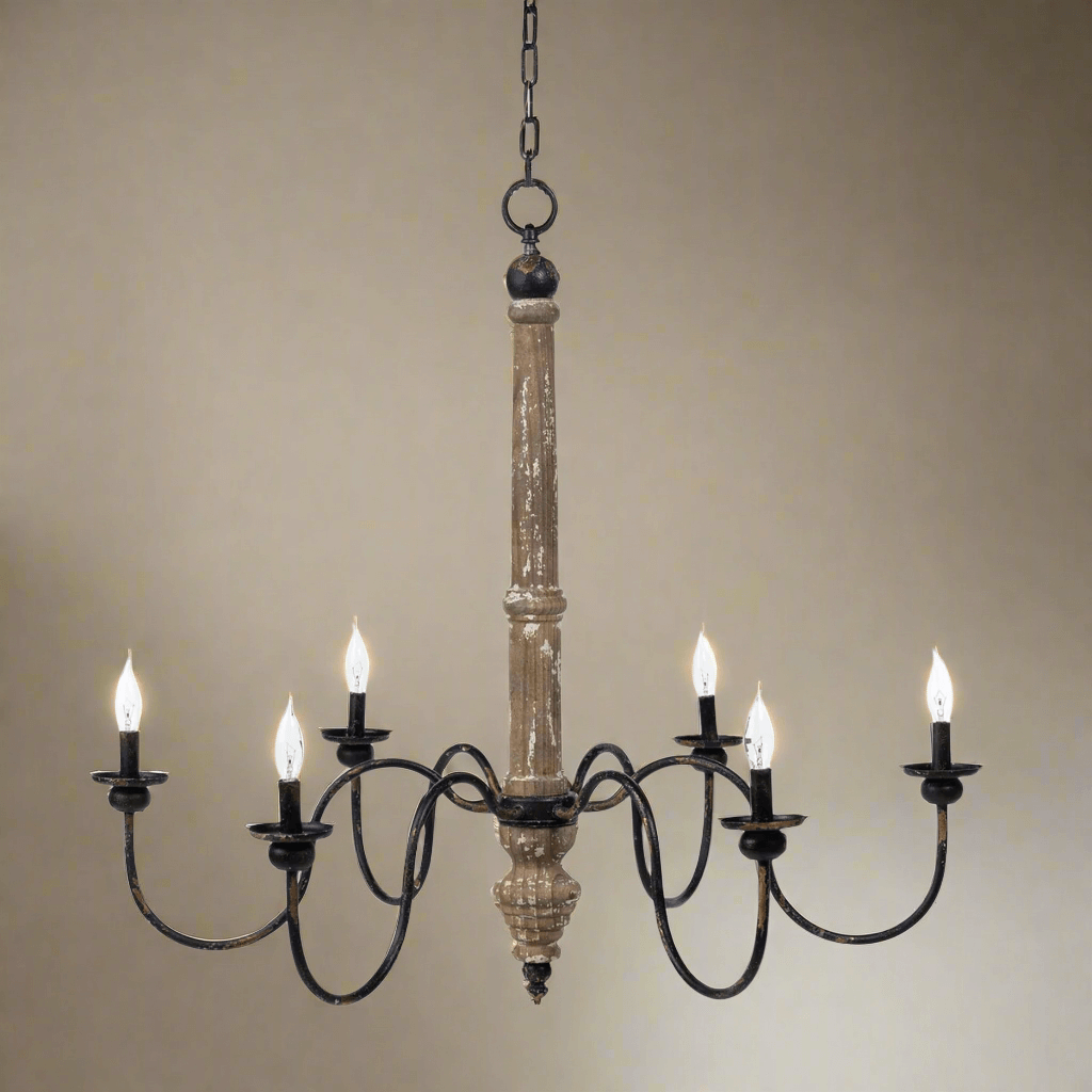 Rustic French Country Chandelier with distressed wood and black iron arms, 6 lights, evokes old-world charm and elegance.