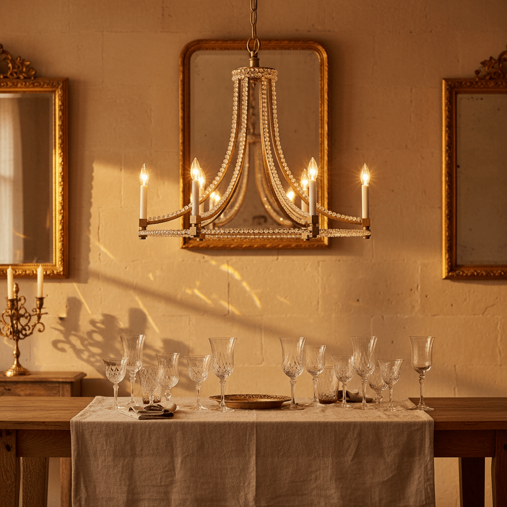 Antique Silver Leaf Italian Chandelier with Glass Beads