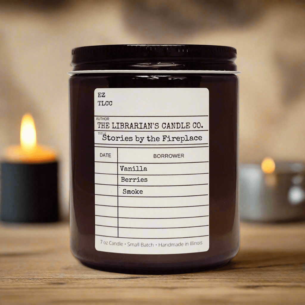 Stories by the Fireplace Candle: Smoked Vanilla & Berries with vintage label, evoking nostalgia and warmth.