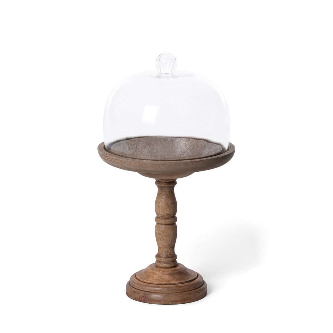 Tall rustic wood cake stand with glass dome, elegant mango wood pedestal, 9.5-inch height, perfect for dessert presentation.