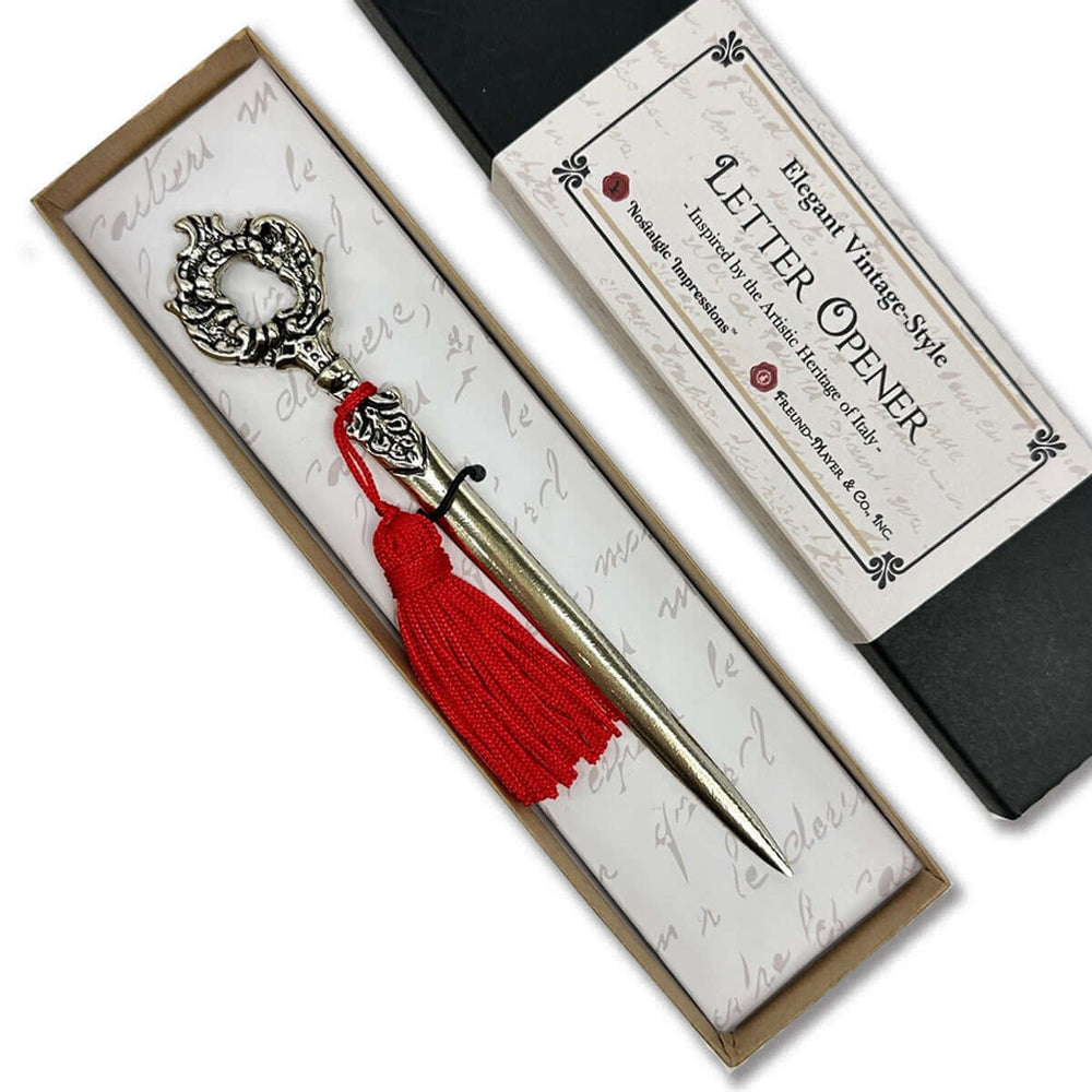 Victorian Letter Opener with ornate handle and red tassel, boxed, handcrafted in Italy, vintage style desk accessory.