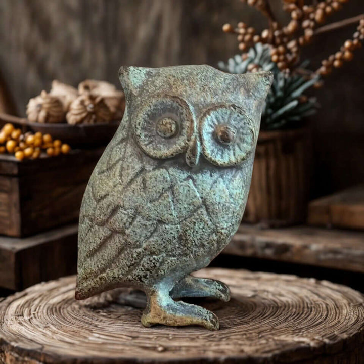 Vintage Cast Iron Owl Statue in Antique Green Patina Finish on rustic wooden surface.