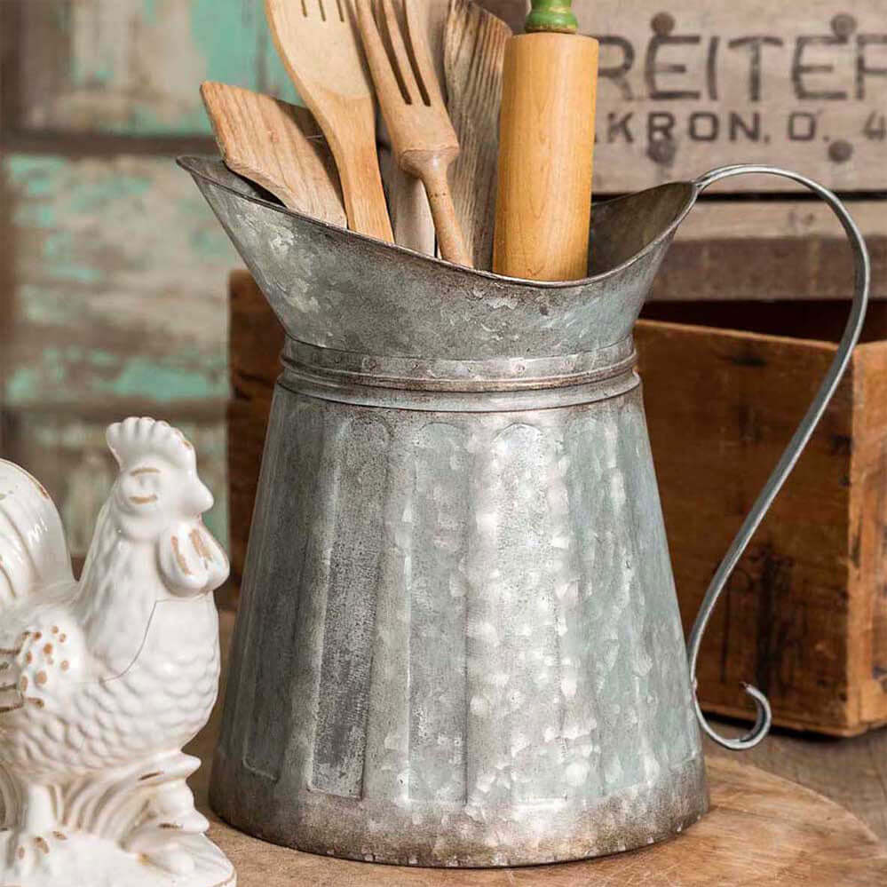 Galvanized Metal Utensil Caddy with Wooden Handle