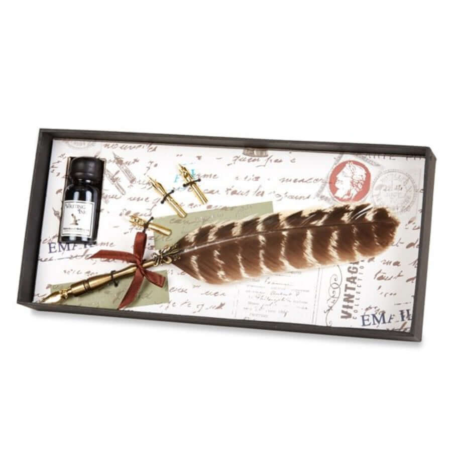 Vintage Feather Quill Dip Pen & Ink Set with Nibs featuring a natural turkey feather, ink bottle, and assorted nibs on decorative paper.