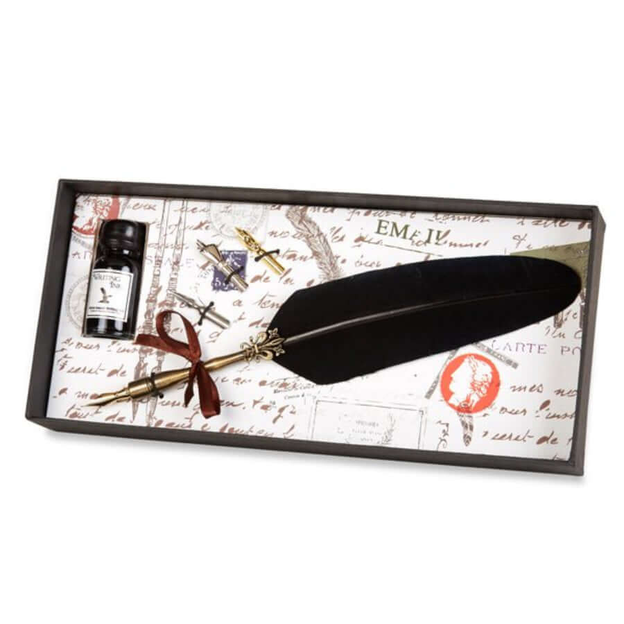 Vintage Feather Quill Dip Pen & Ink Set with Nibs displayed in elegant packaging.