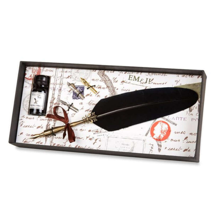 Vintage Feather Quill Dip Pen & Ink Set with Nibs displayed in elegant packaging.