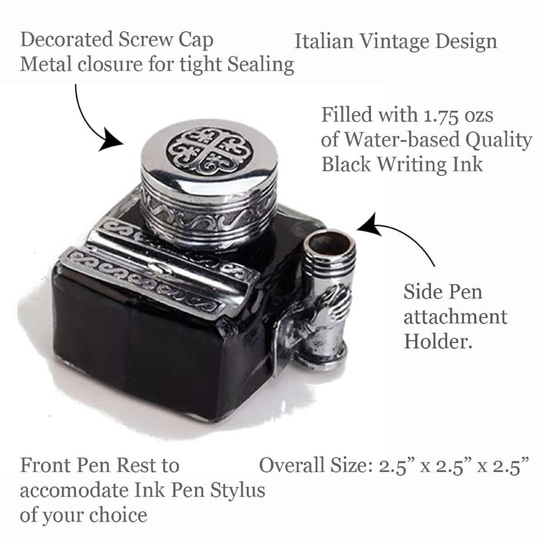 Vintage Glass Inkwell with 2 Pen Rests & Metal Cap featuring Italian design and quality black ink.