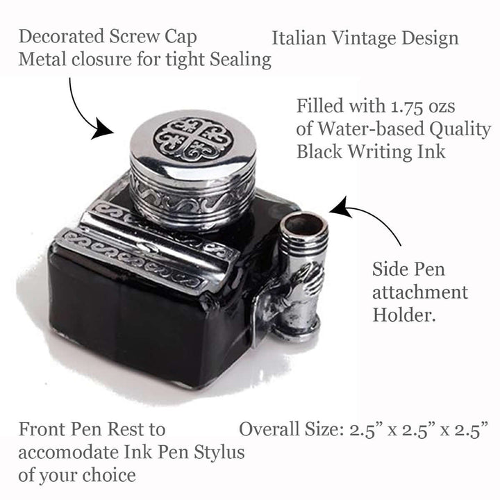 Vintage Glass Inkwell with 2 Pen Rests & Metal Cap featuring Italian design and quality black ink.