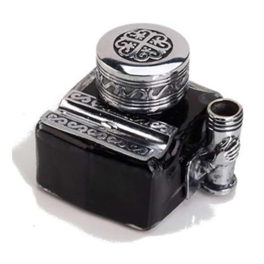 Vintage Glass Inkwell with 2 Pen Rests & Metal Cap featuring an ornate metal top and sleek black glass body with Italian design flair.