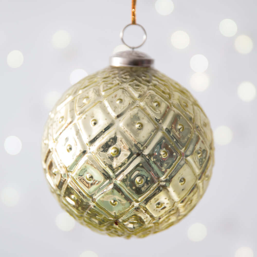 Vintage Gold Mercury Glass Christmas Ball Ornaments (Set of 4) with diamond pattern against a festive background.