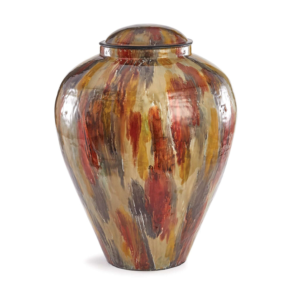 Vintage lidded enameled iron vase with autumn brushstroke finish, featuring warm hues of burnt sienna and gold.