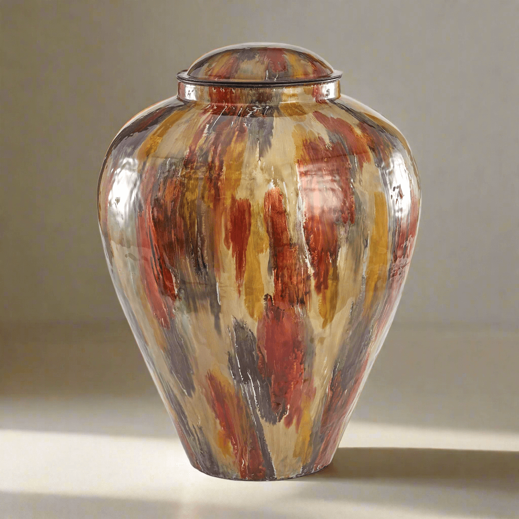 Vintage lidded enameled iron vase with autumn brushstroke finish, showcasing warm tones and a hand-crafted design.