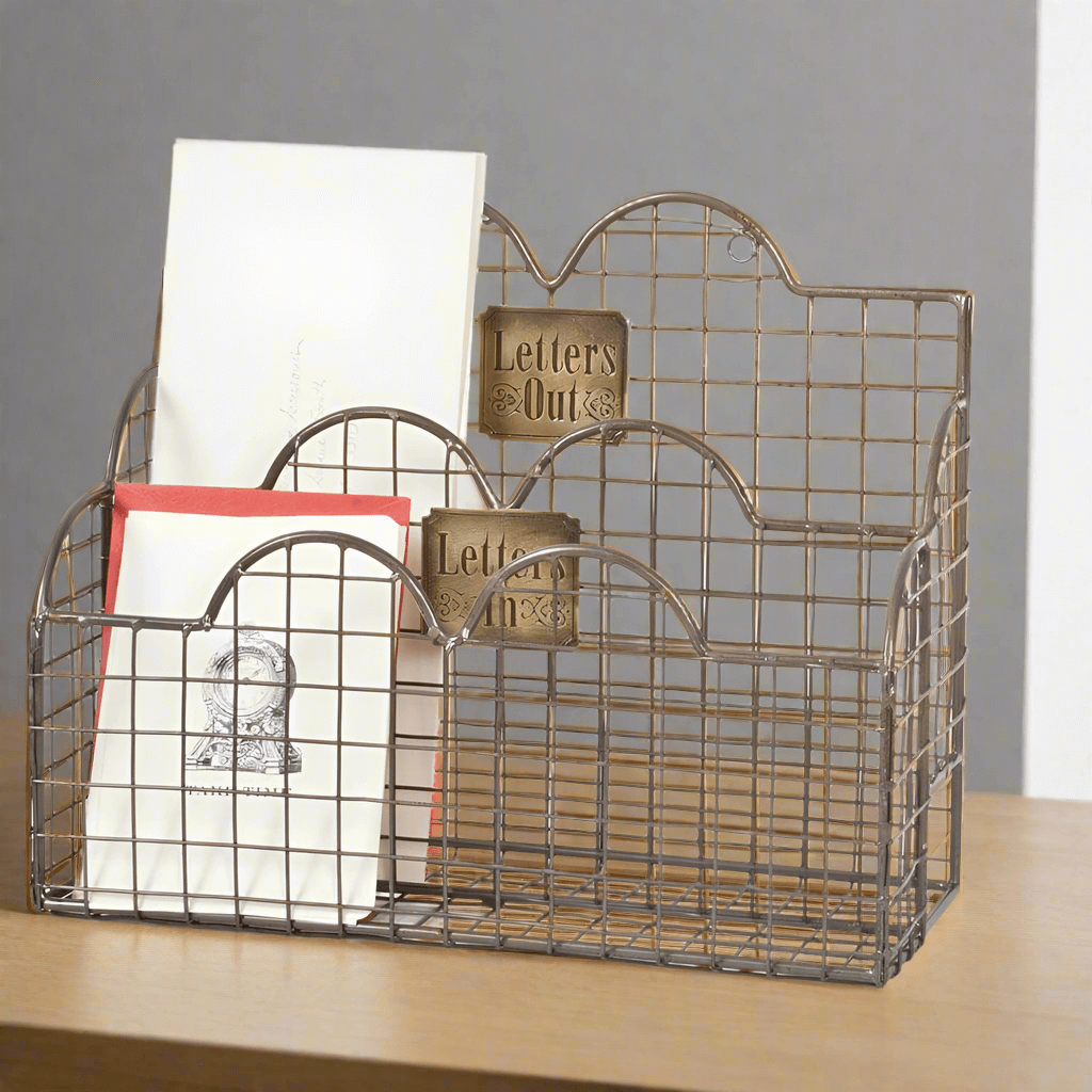 Vintage mail organizer in aged nickel with two compartments for sorting letters and outgoing mail.