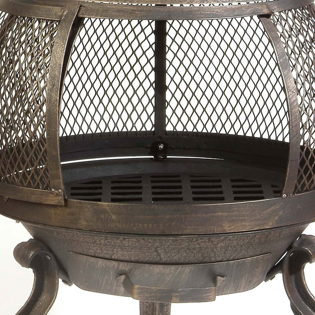 Close-up of Vintage Outdoor Chimenea Fire Pit showcasing sturdy cast iron design and intricate mesh details.