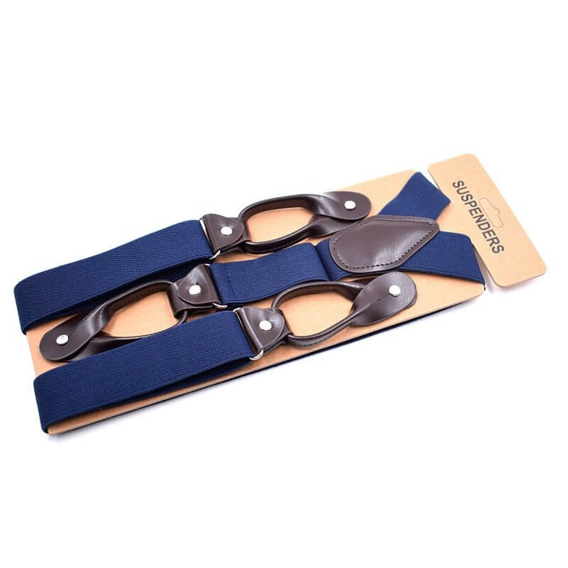 Vintage Inspired Suspenders with Leather Button Tabs in navy blue with genuine leather details, showcasing traditional button-on fastening.