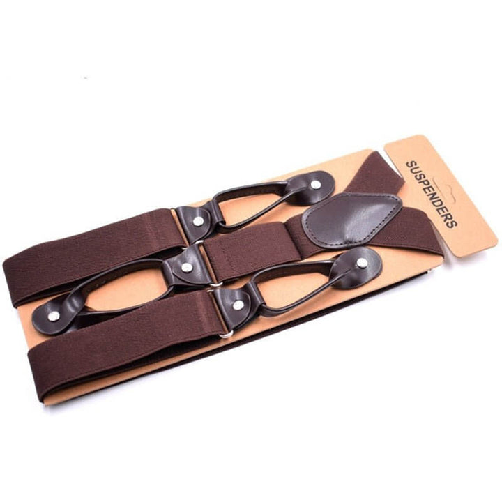 Vintage Inspired Suspenders with Leather Button Tabs displayed on packaging, showcasing durable elastic bands and genuine leather tabs.