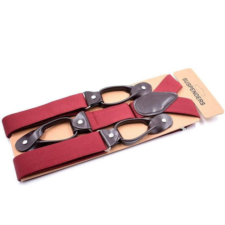 Vintage Inspired Suspenders with Leather Button Tabs in red, showcasing durable elastic and genuine leather design for a classic look.