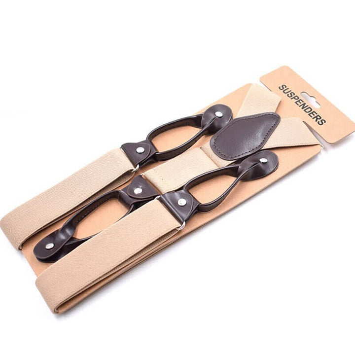 Vintage Inspired Suspenders with Leather Button Tabs in packaging, featuring durable elastic and genuine leather components for classic style.