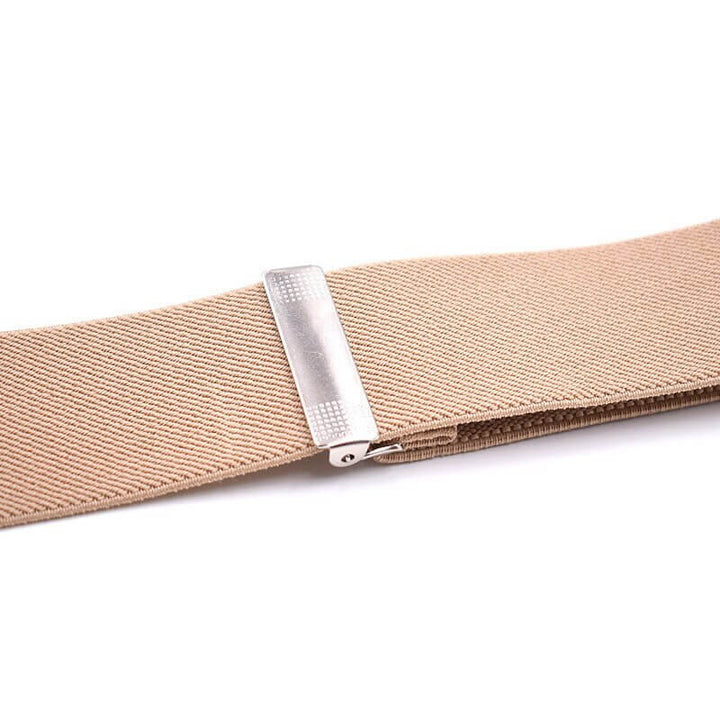 Close-up of adjustable elastic band on Vintage Inspired Suspenders with Leather Button Tabs highlighting metal clasp detail.