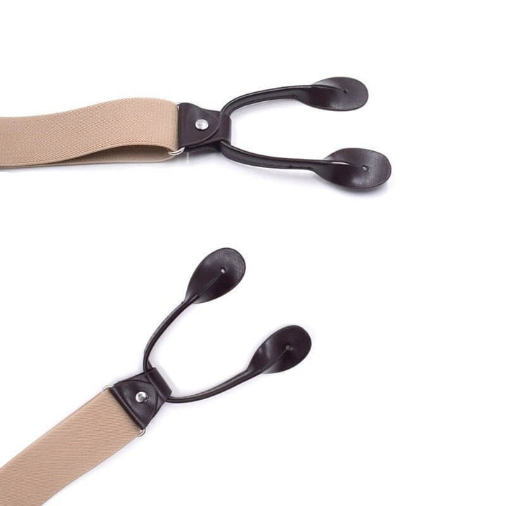 Vintage Inspired Suspenders with Leather Button Tabs featuring durable elastic bands and genuine leather for classic menswear style.
