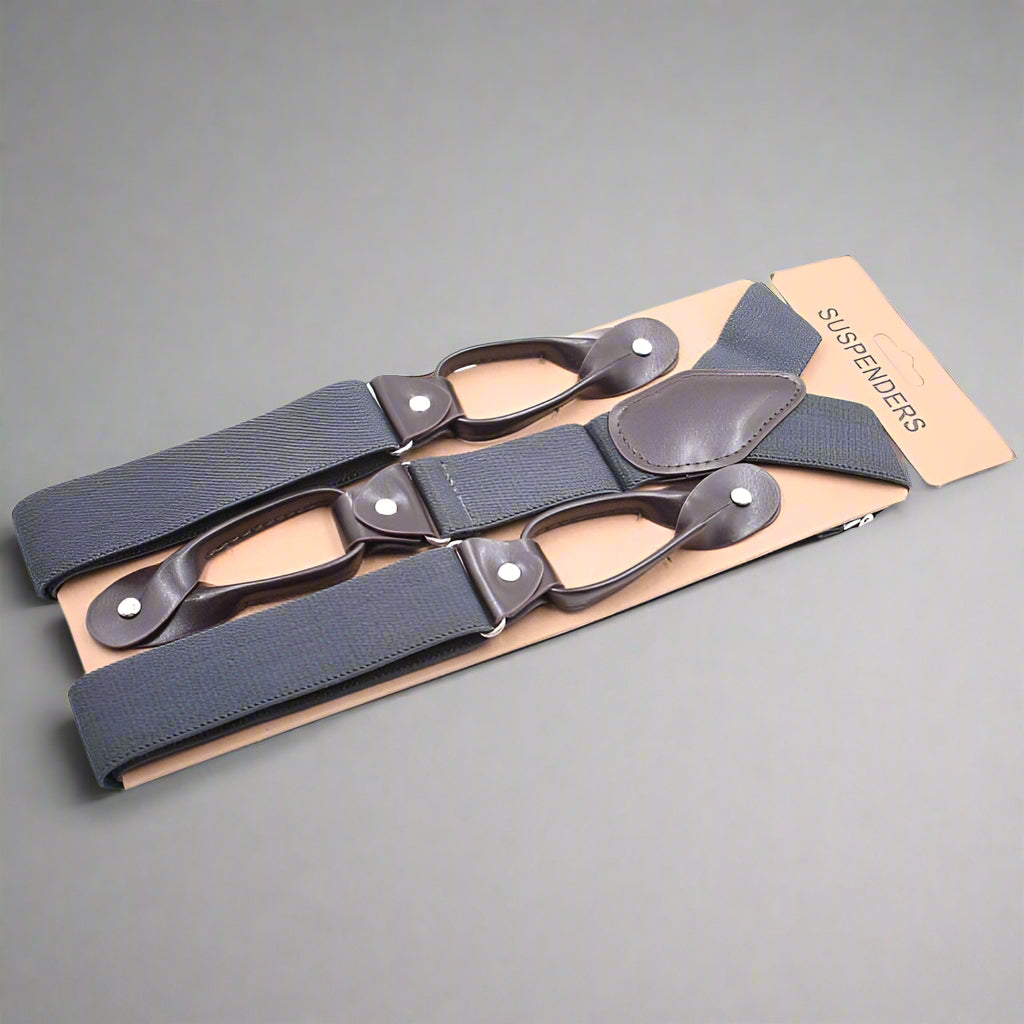 Vintage Inspired Suspenders with Leather Button Tabs in packaging.