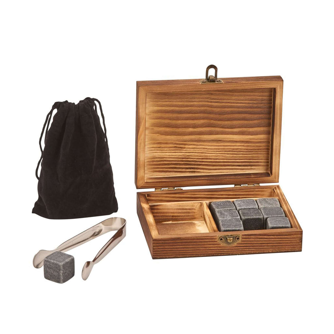 Vintage Whiskey Chilling Stone Set in Wooden Gift Box with basalt stones and tongs.