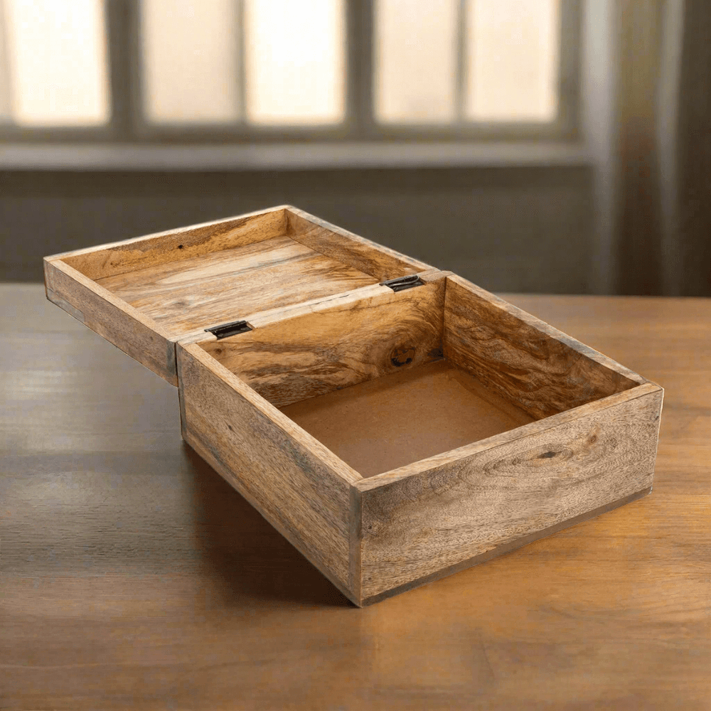 Open Vintage Wood Keepsake Storage Box with Lid on a table, showcasing its spacious interior and natural wood texture.