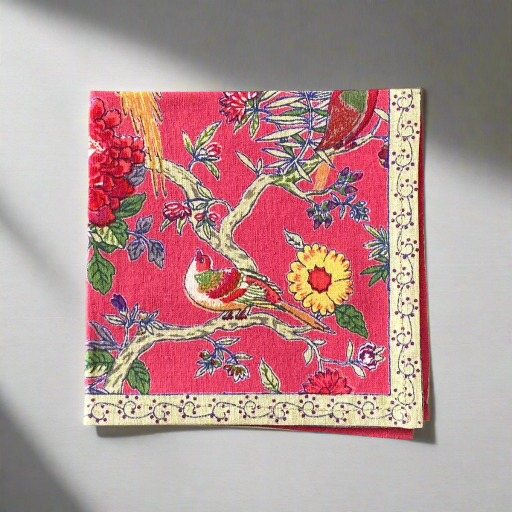 Vintage-Inspired Bird Coral Cotton Cocktail Napkins (Set of 6) with floral design and cream border.