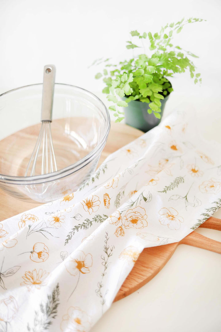 Vintage Botanical Flower Garden Tea Towel with floral design in kitchen setting