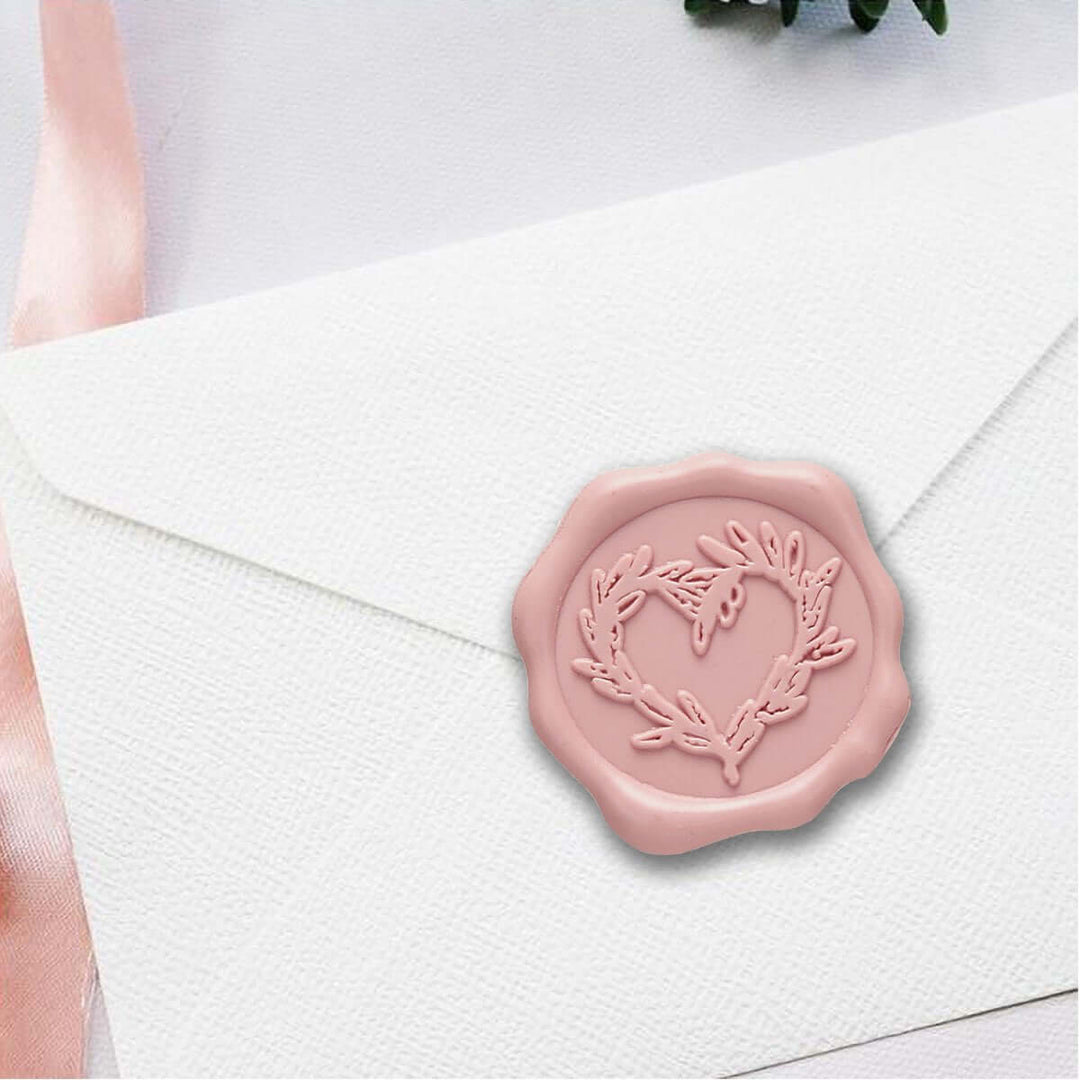 Vintage Branch Heart Wax Seal Stickers for Wedding Invitations featuring intertwined branch design on pink wax.
